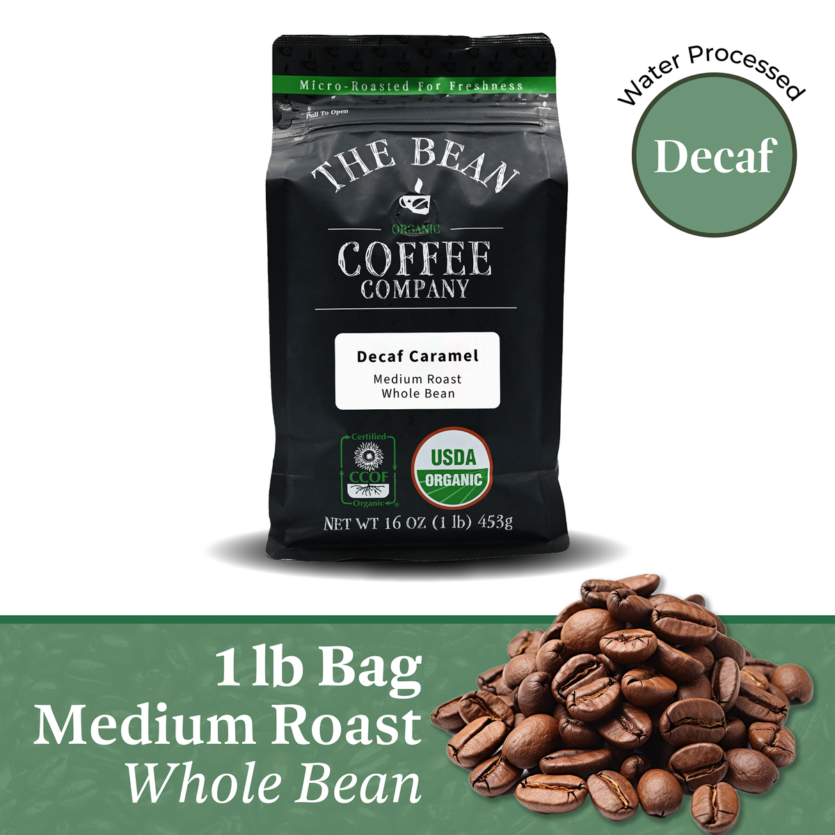 DECAF Organic Caramel Flavored Coffee, 1 lb whole bean bag
