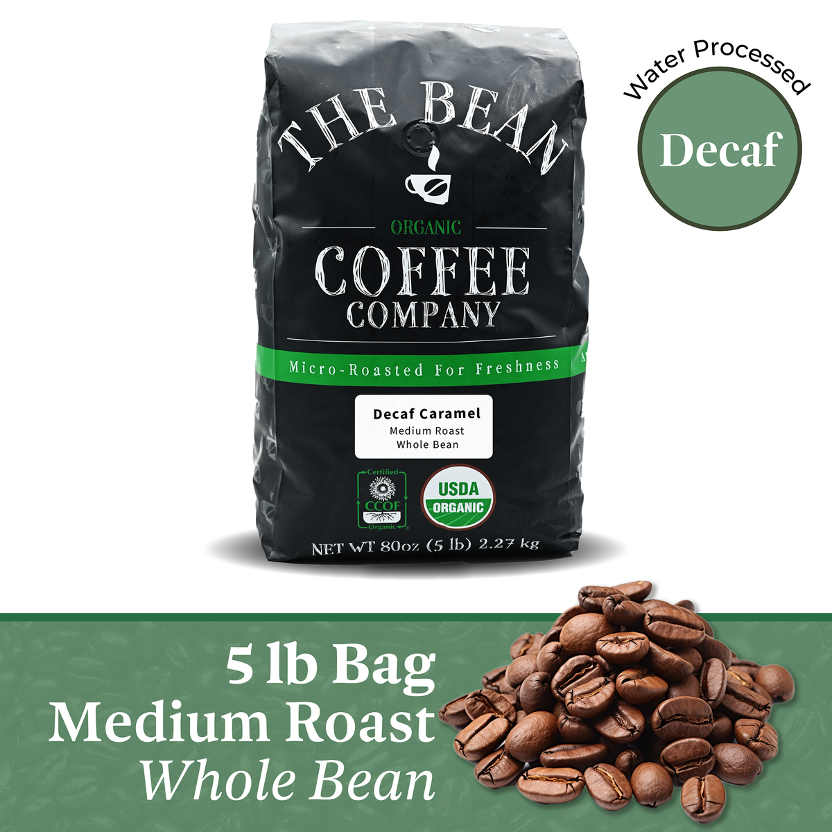 DECAF Organic Caramel Flavored Coffee, 5 lb whole bean bag