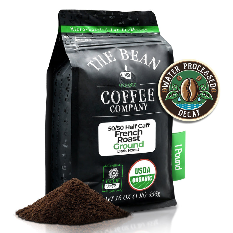 DECAF (Half Caff) Organic 50/50 French Roast, 1 lb ground bag