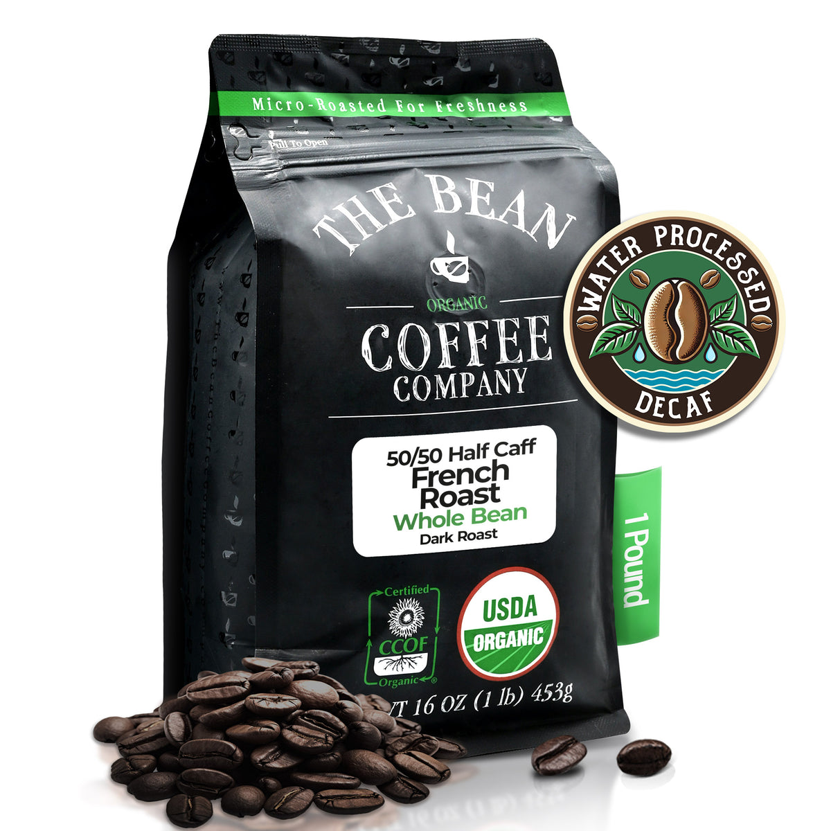 DECAF (Half Caff) Organic 50/50 French Roast, 1 lb whole bean bag