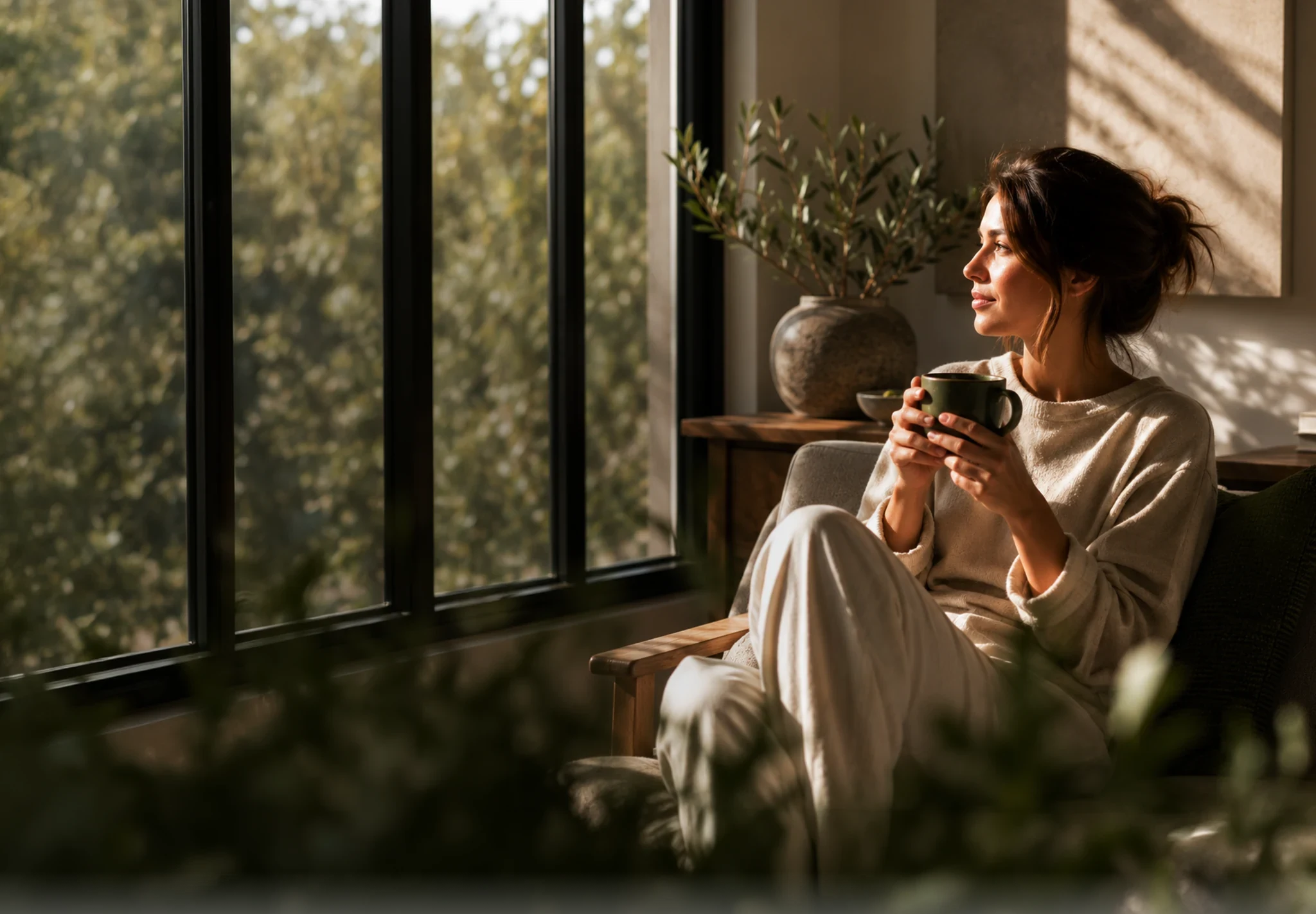 A woman relaxing by a sunlit window with a mug of coffee